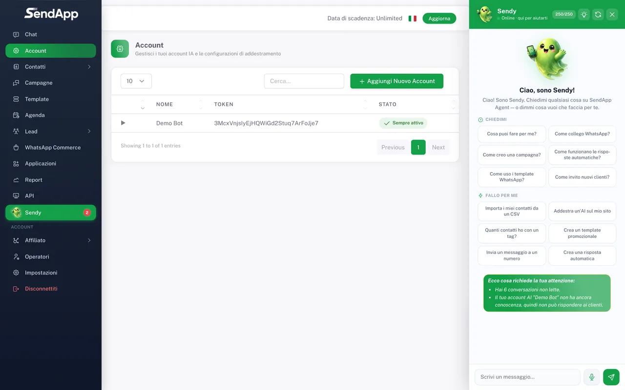 Section Account de SendApp Agent où l’on entraîne l’IA