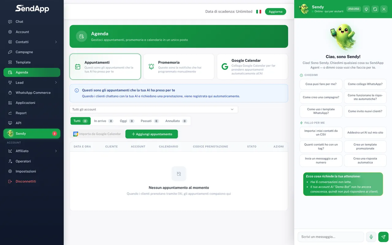 Página Agenda de SendApp Agent con recordatorios y reservas