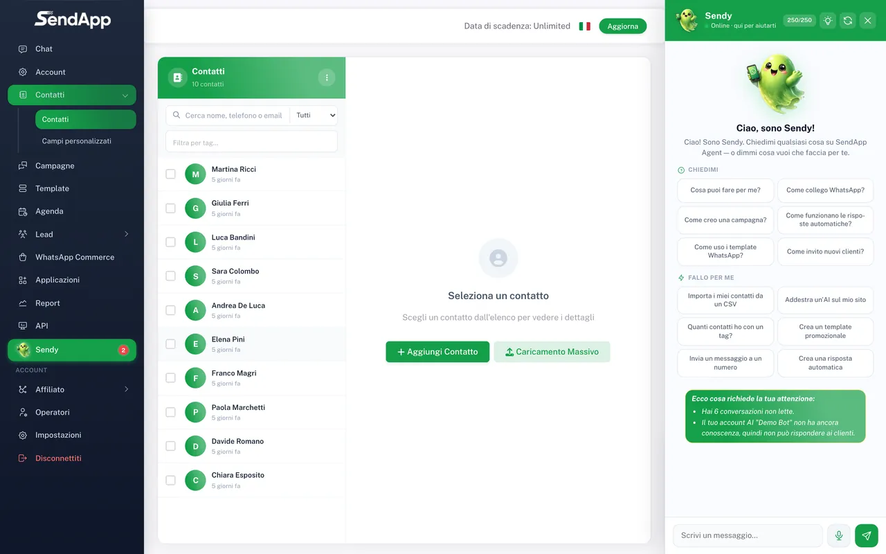 Section Contacts de SendApp Agent avec liste et tags