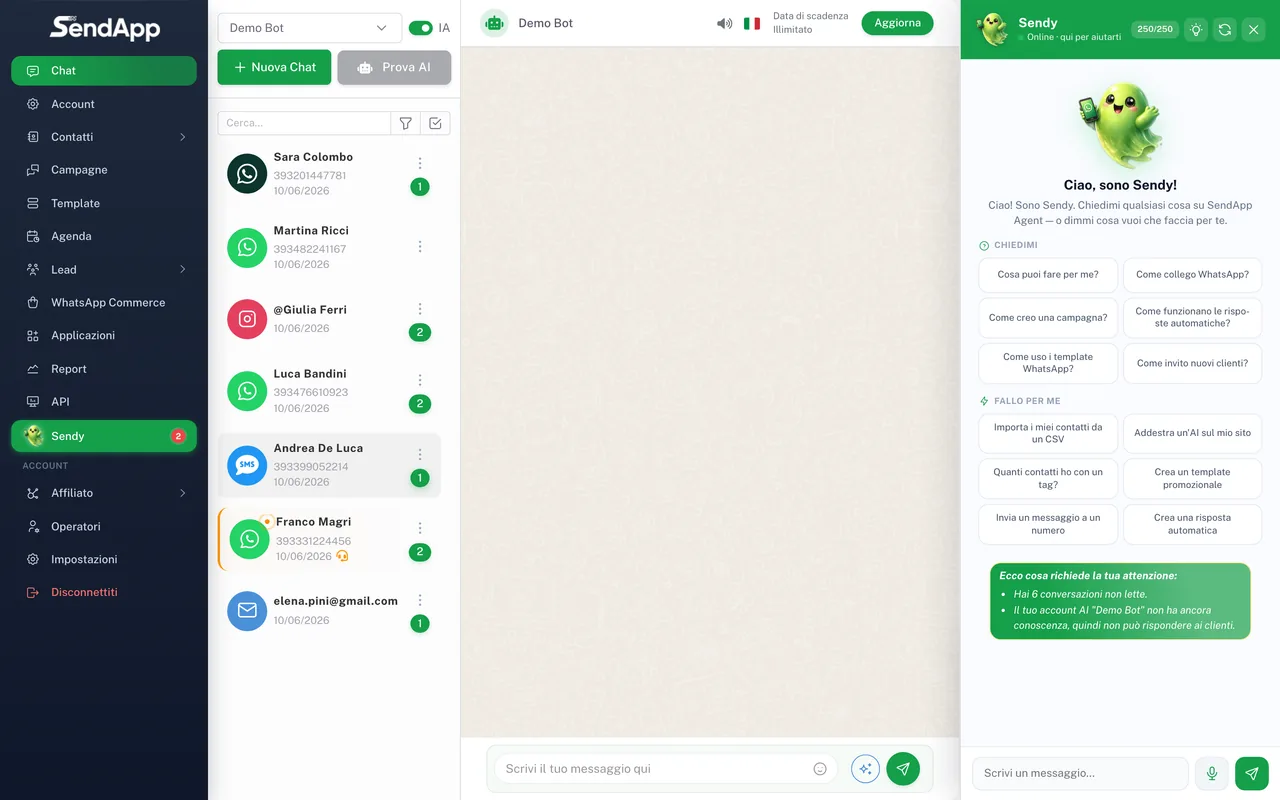 Tableau de bord de SendApp Agent avec la liste des conversations à gauche et le chat au centre
