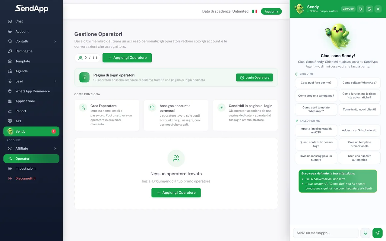 Section Opérateurs de SendApp Agent