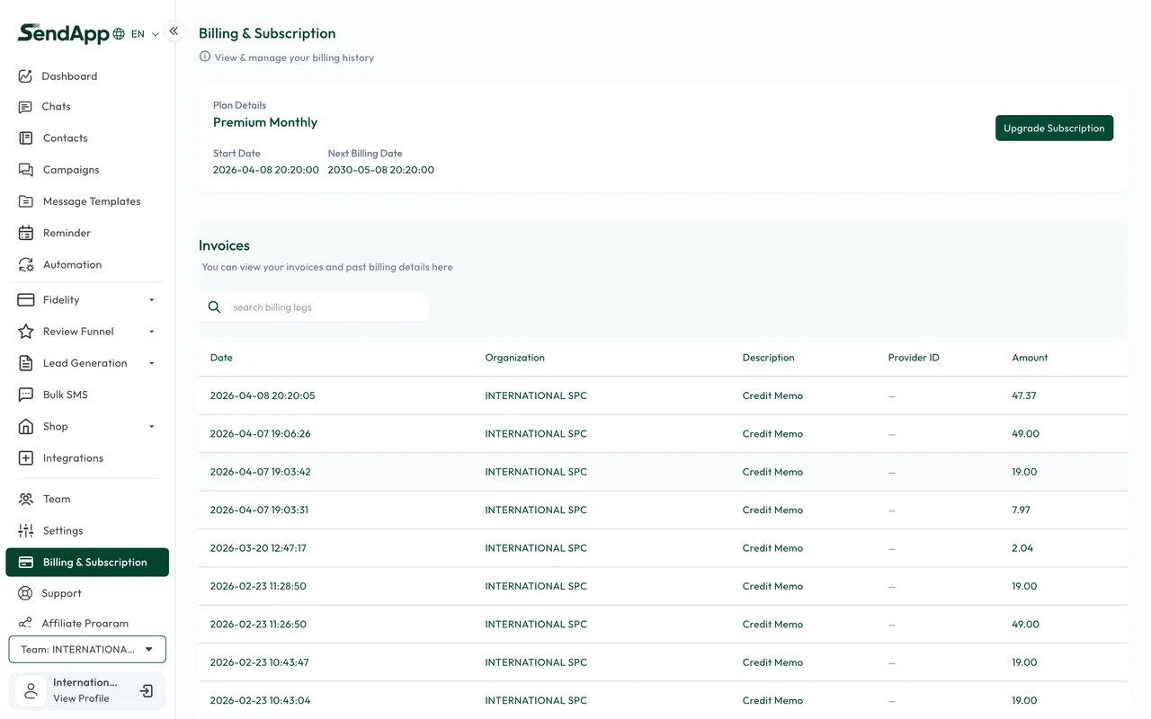 SendApp Official billing and plans