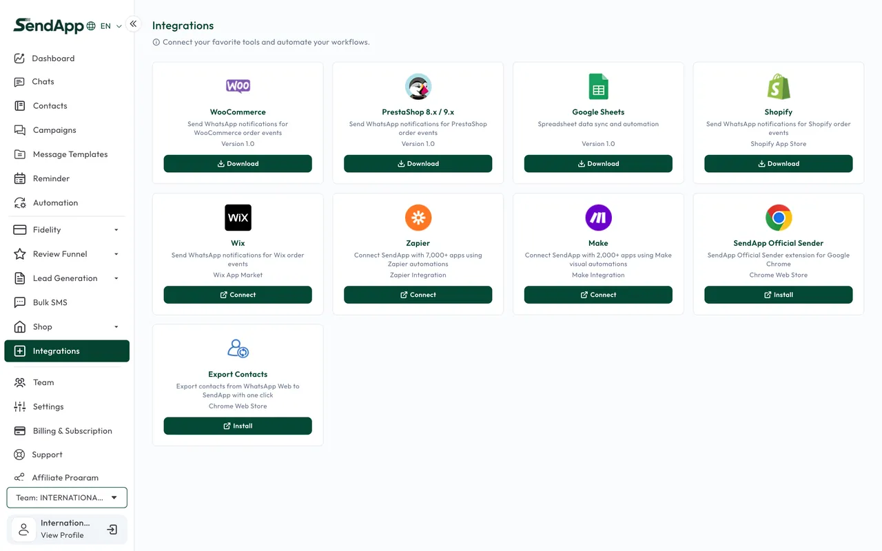 SendApp Official integrations