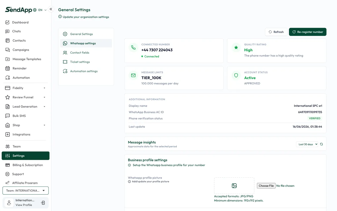 Paramètres WhatsApp de SendApp Official avec l’Embedded Signup