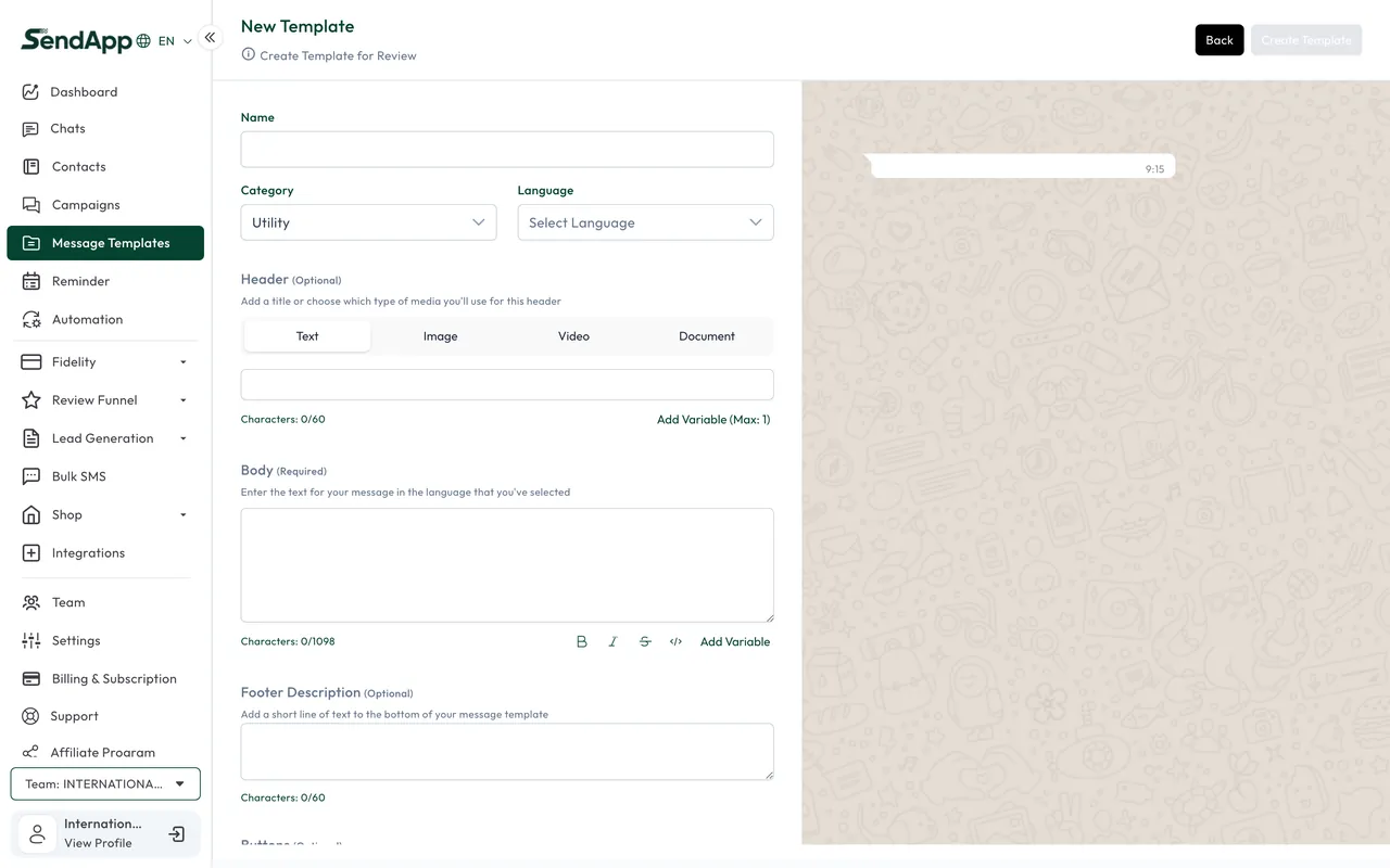 Création d’un template WhatsApp dans SendApp Official