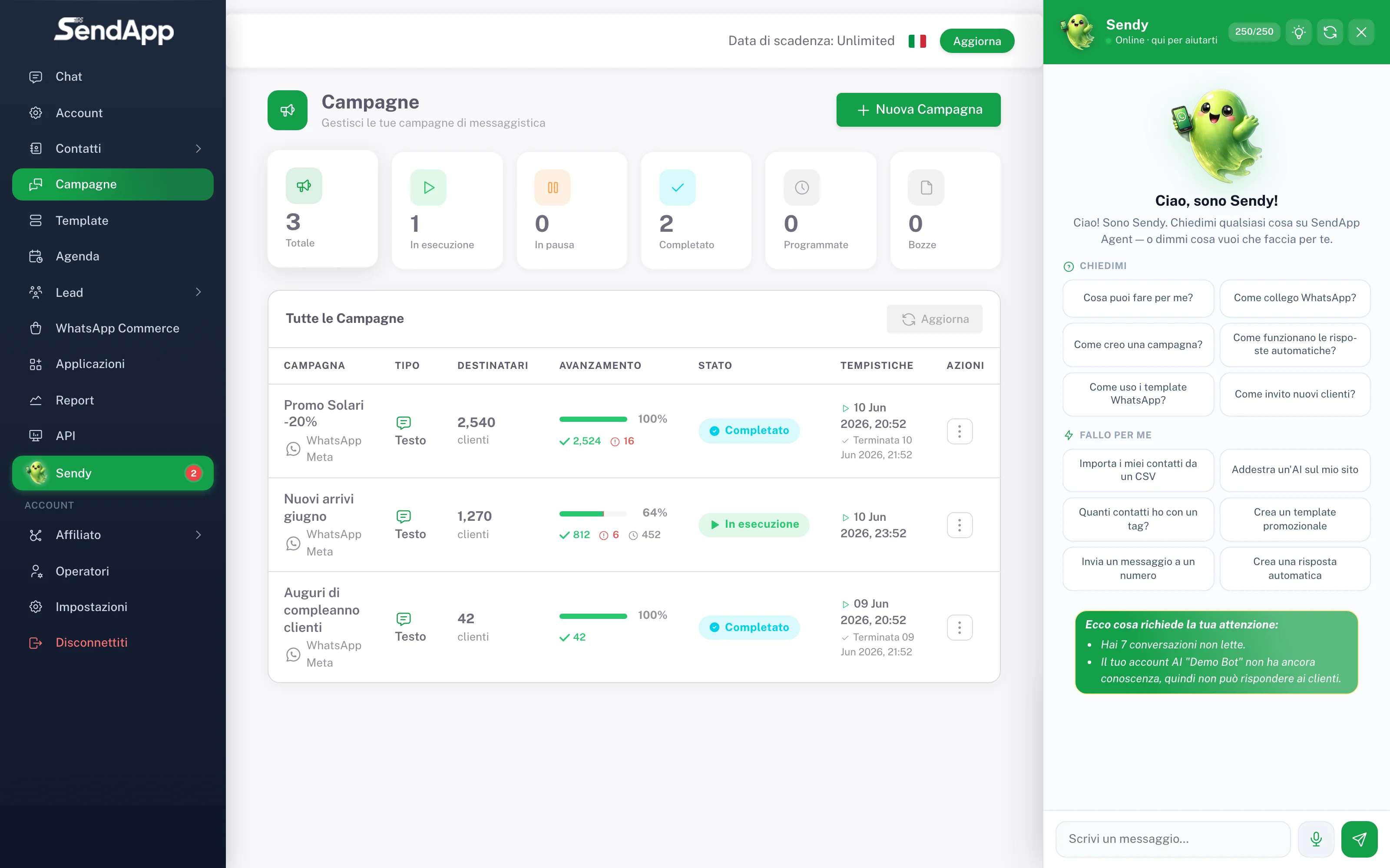 Real SendApp campaigns page with KPIs and progress
